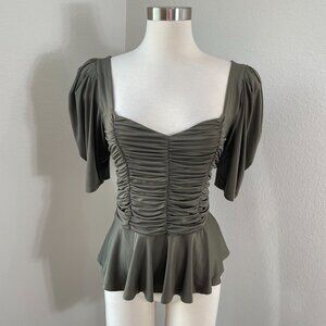 Express Womens Large Olive Green Ruched Puff Sleeve Peplum Top Stretch Shirt
